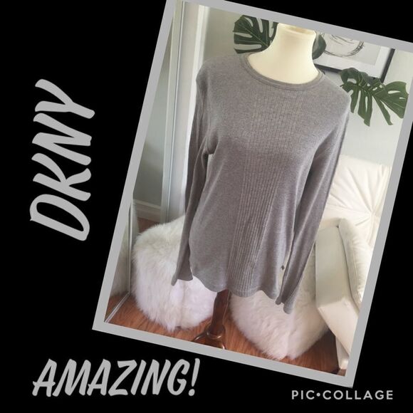 DKNY Gray Long Sleeved Crew Neck Ribbed Design Lightweight Sweater Size M - Picture 1 of 8